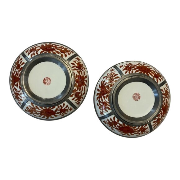 MCM Japanese Porcelain Bowls with Pewter Rims – ACF Hong Kong – Red & Gold Flora - Picture 3 of 8